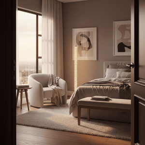 Bedroom scene with chrome and crystal floor lamp beside a bed, casting warm light. Armchair and side table by window, soft