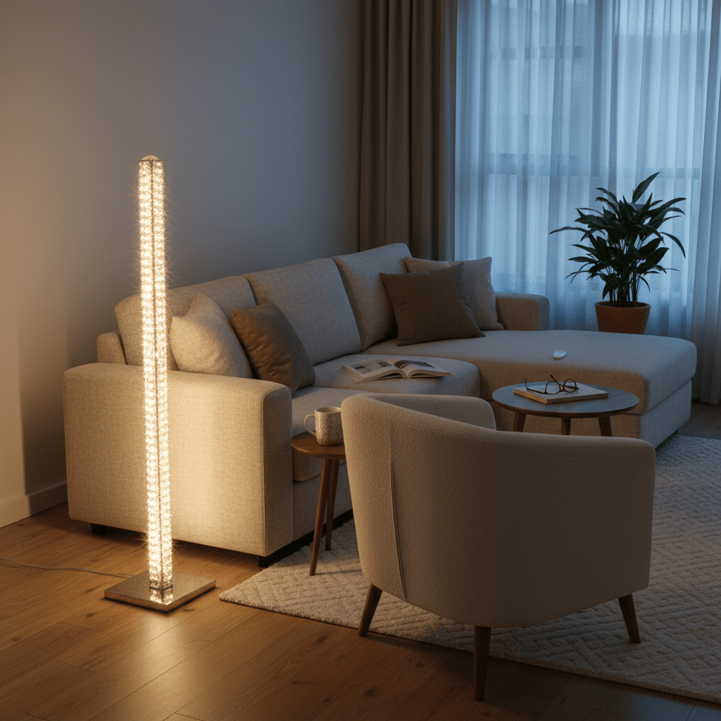 Chrome and crystal floor lamp illuminating a cozy living room with a sofa, armchair, and coffee table, creating a warm