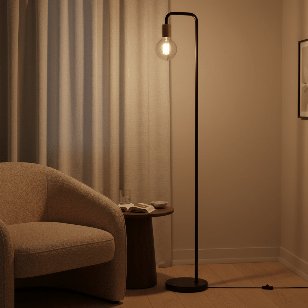 Sleek black floor lamp beside a cozy armchair, illuminating a warm living space with soft light.