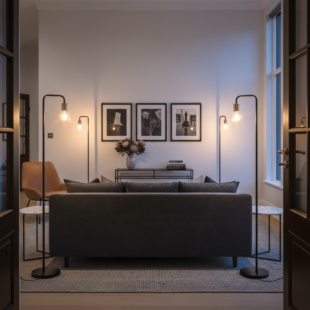 Sleek black floor lamp beside a modern sofa, illuminating a stylish living room with artwork and decor.