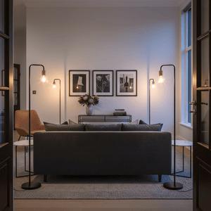 Sleek black floor lamp beside a modern sofa, illuminating a stylish living room with artwork and decor.