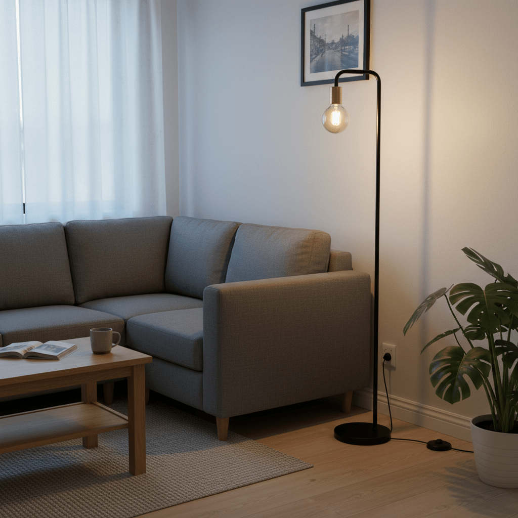 Modern black floor lamp beside a gray sofa, providing ambient light in a cozy living room setting.