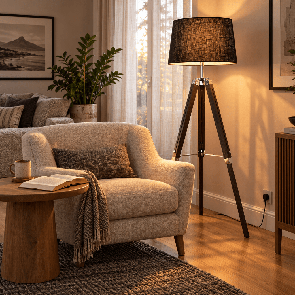 Arabella Dark Wood & Black Shade Floor Lamp