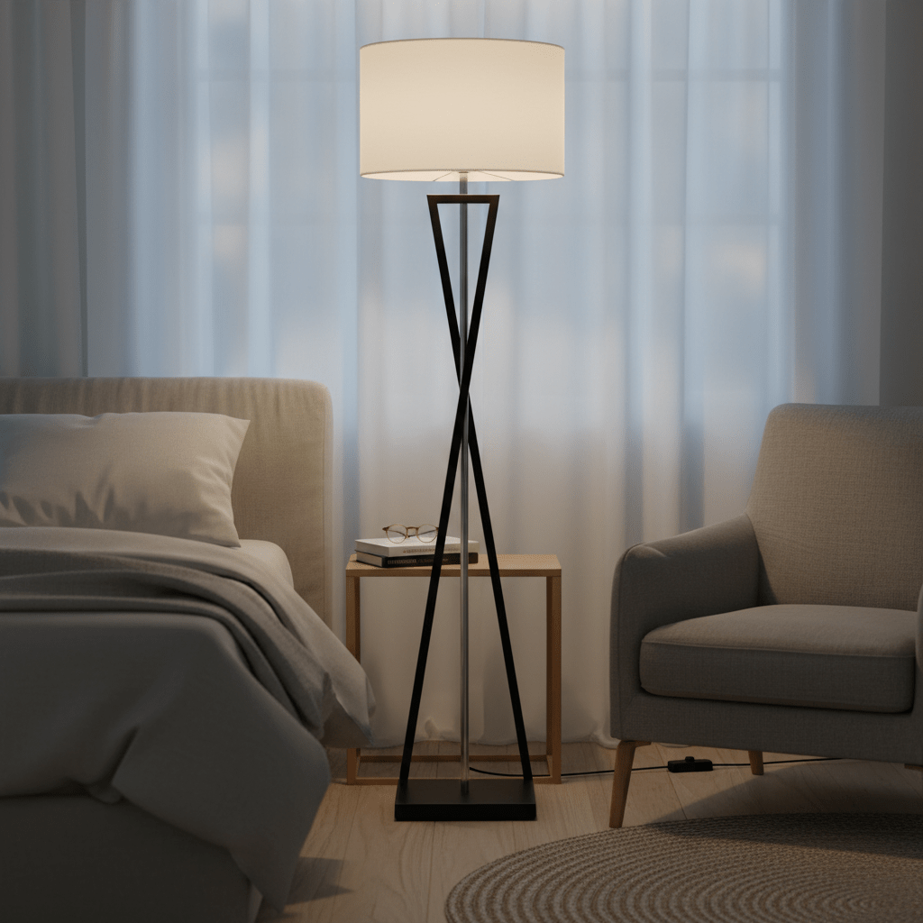Collins Floor Lamp beside a bed and chair, featuring a fabric shade and modern design.