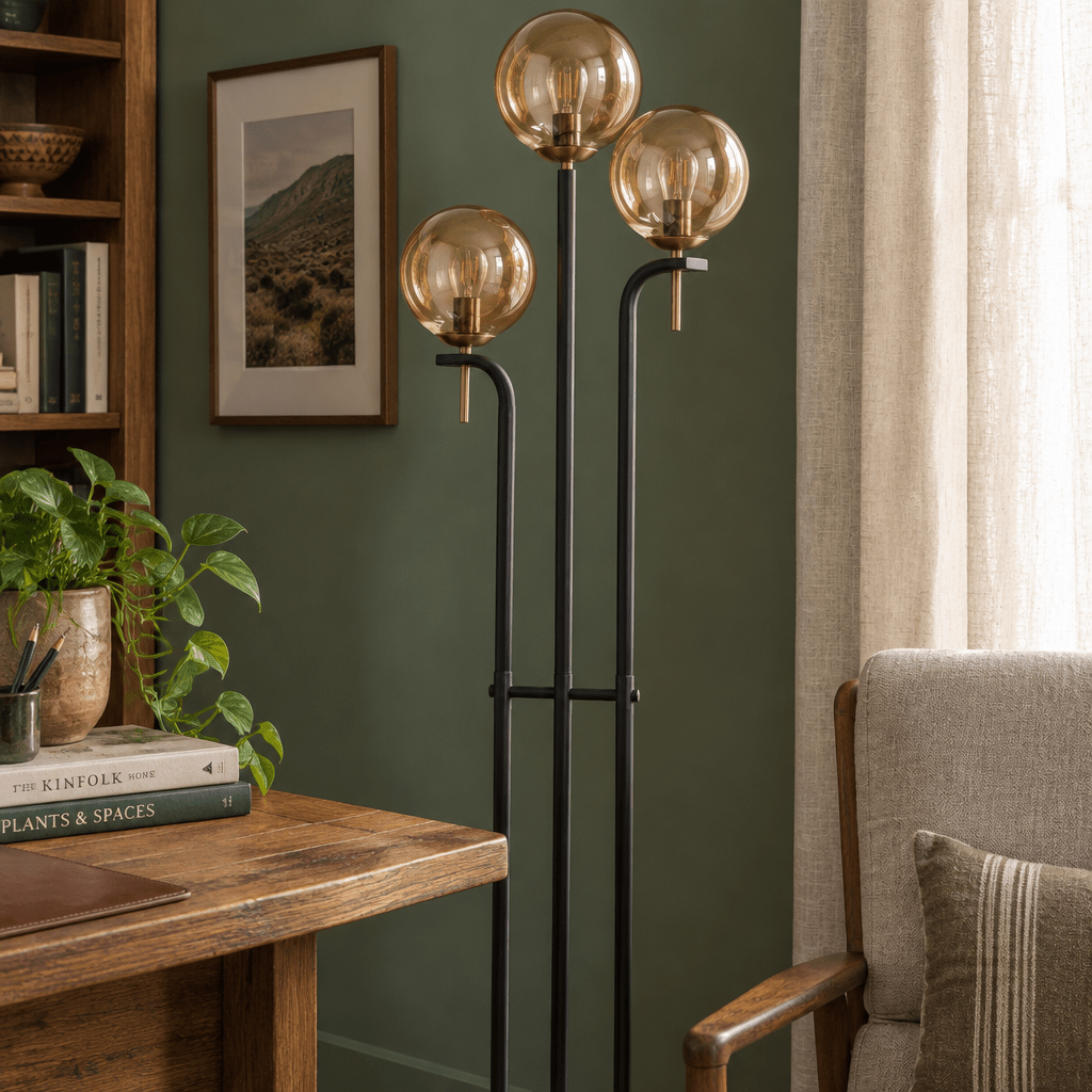 Metal Floor Lamp with Amber Glass