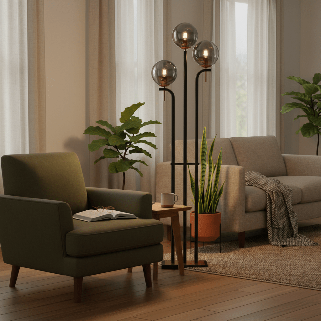 Metal Floor Lamp with Smoke Colour Glass