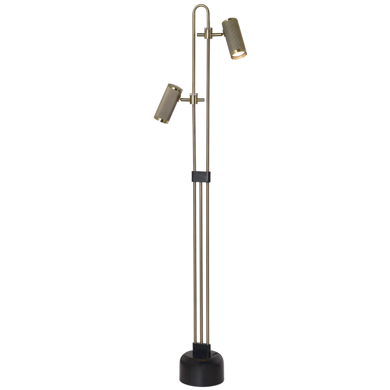 Modern floor lamp with 2 adjustable lights on a white background