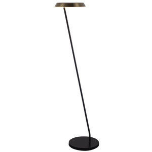 Black floor lamp with a round base on a white background