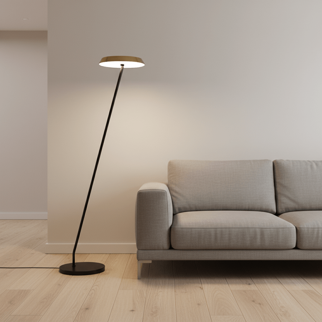 Floor lamp for Cape Town office workspace, realistic reception corner with LED standing lamp, soft professional ambient lighting, clean 800x800 commercial interior with navy, oak and brass accents