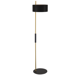 Black floor lamp with gold accents on a white background