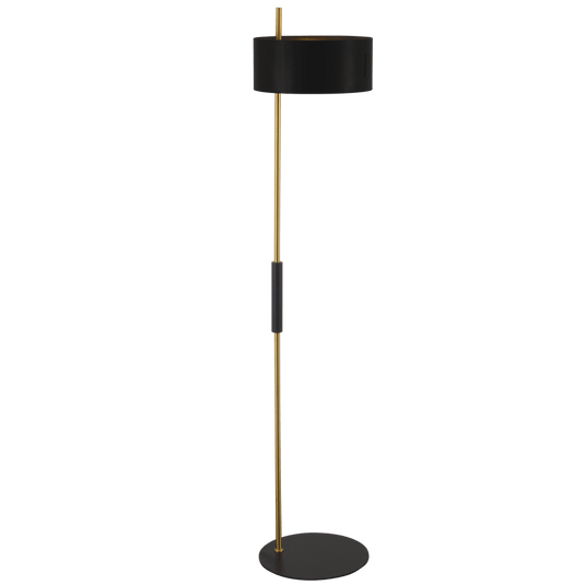 Black floor lamp with gold accents on a white background