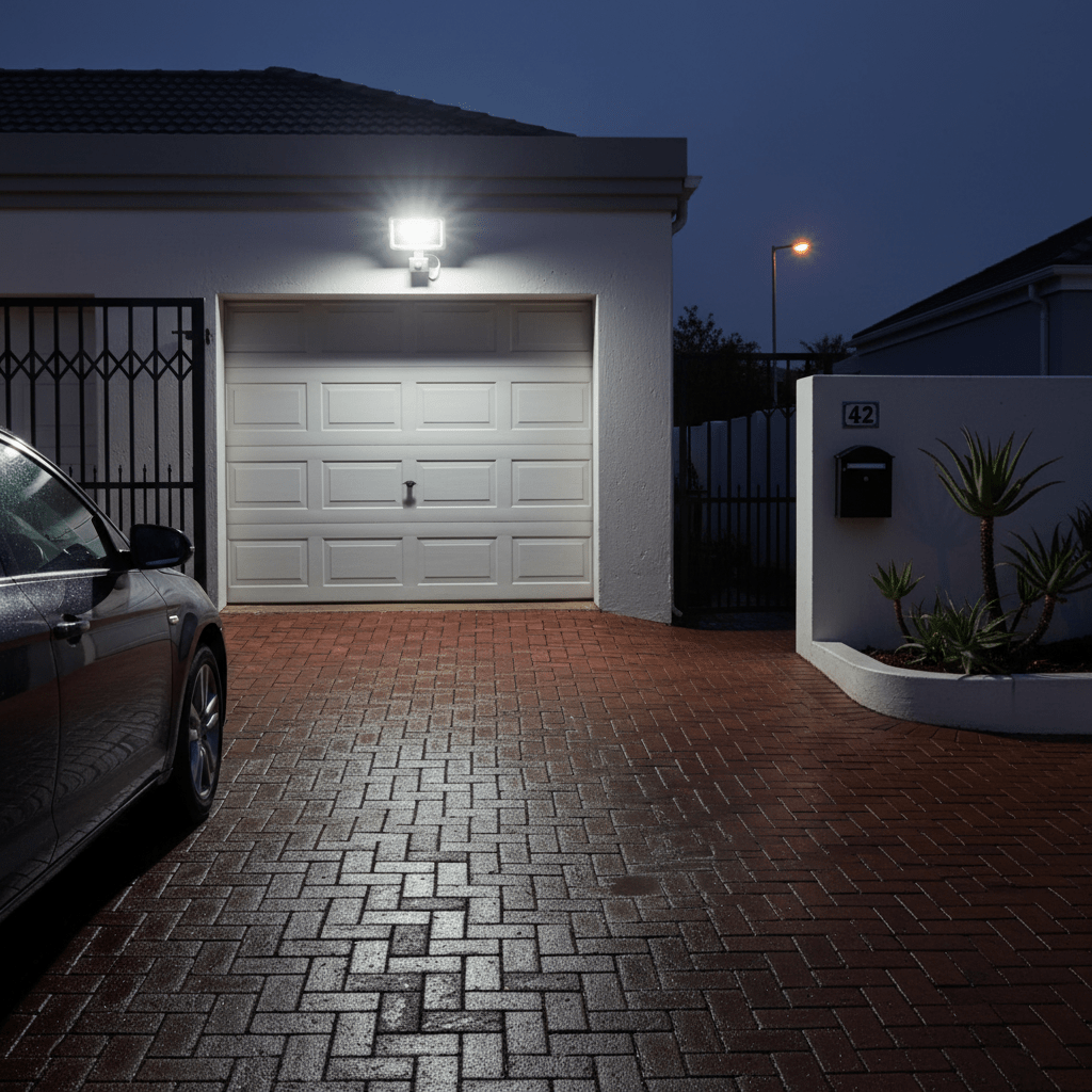 Motion sensor floodlight illuminating a driveway and garage at night, enhancing visibility and security.