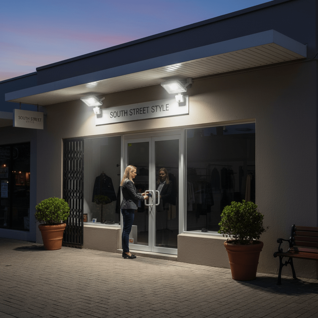 A woman unlocking a store door illuminated by a motion sensor floodlight at dusk.