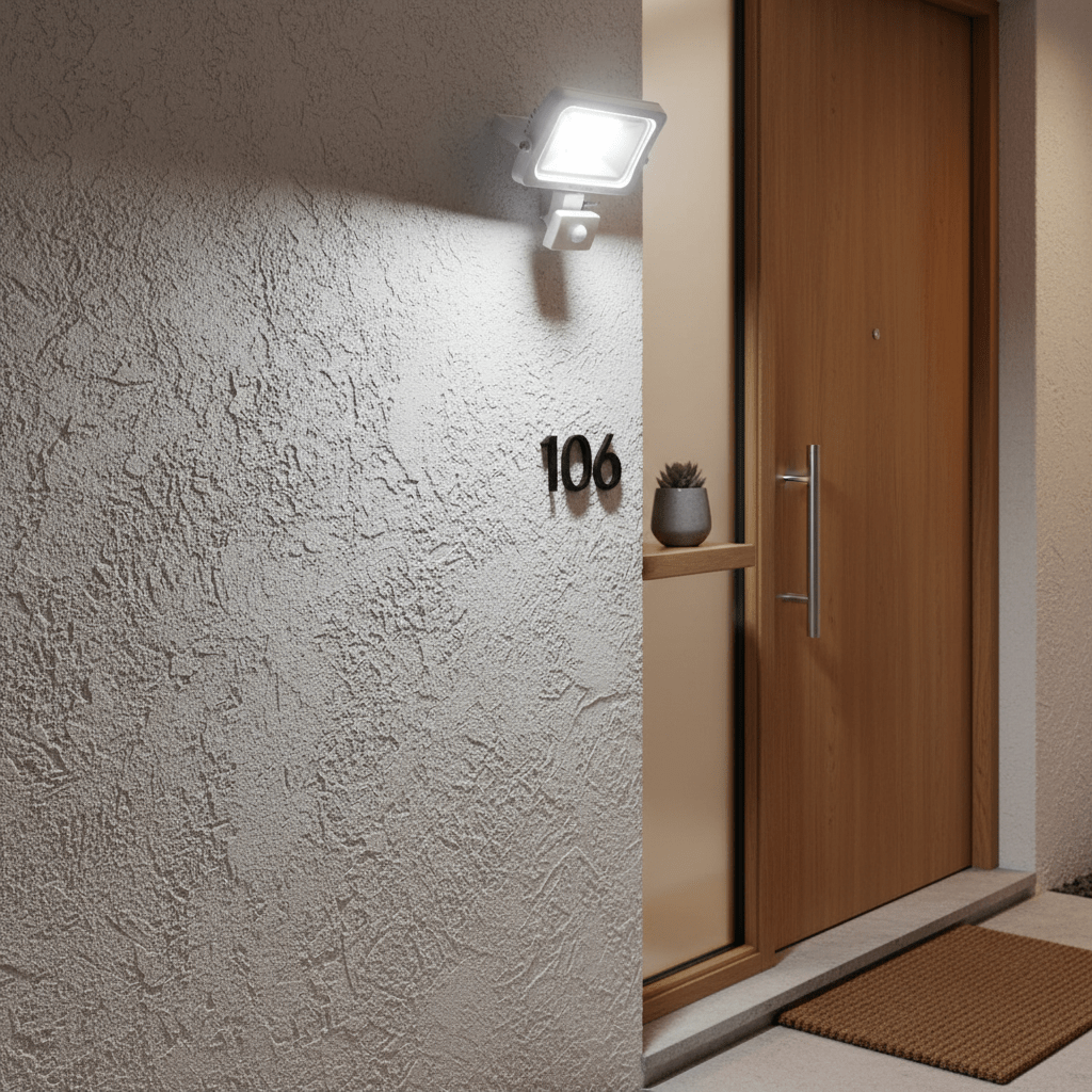 White 30W LED motion sensor floodlight mounted beside a door, illuminating the entrance area.