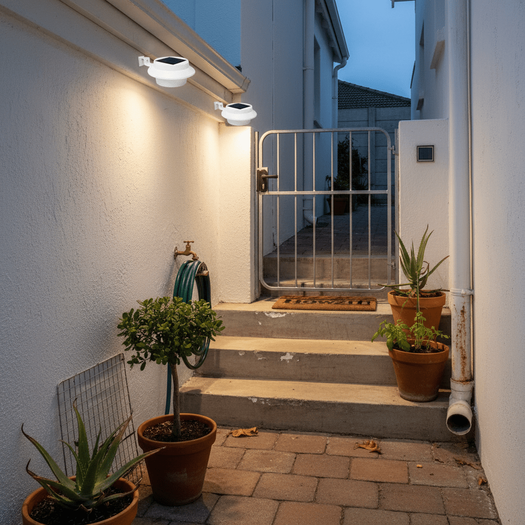 Two solar gutter lights mounted above steps, illuminating a pathway with potted plants and a gate in the background.