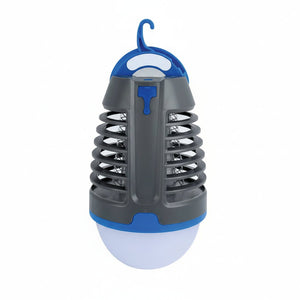 Gray and blue camping insect-killing lantern with a hook on a white background