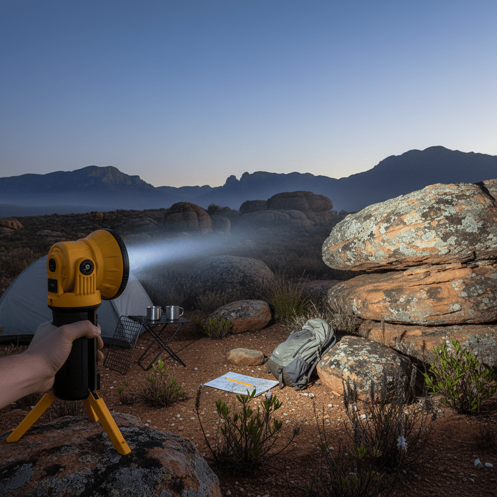 Rechargeable LED searchlight on a tripod lighting an outdoor campsite