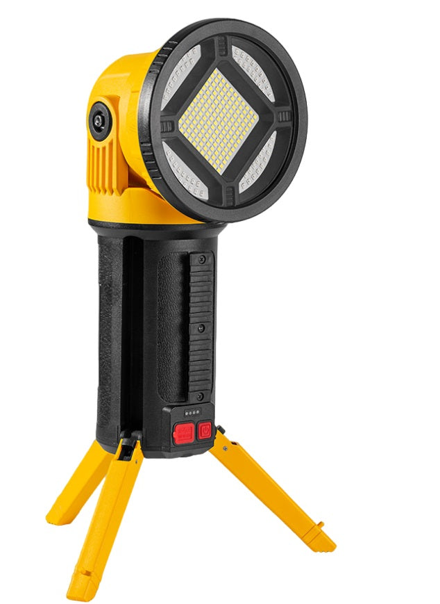 Yellow and black portable work light with a tripod stand on a white background