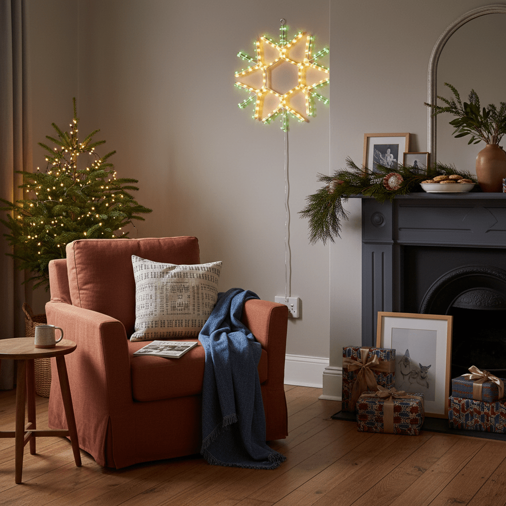 Indoor scene featuring a snowflake motif LED light above a cozy armchair with a festive tree and decorations.