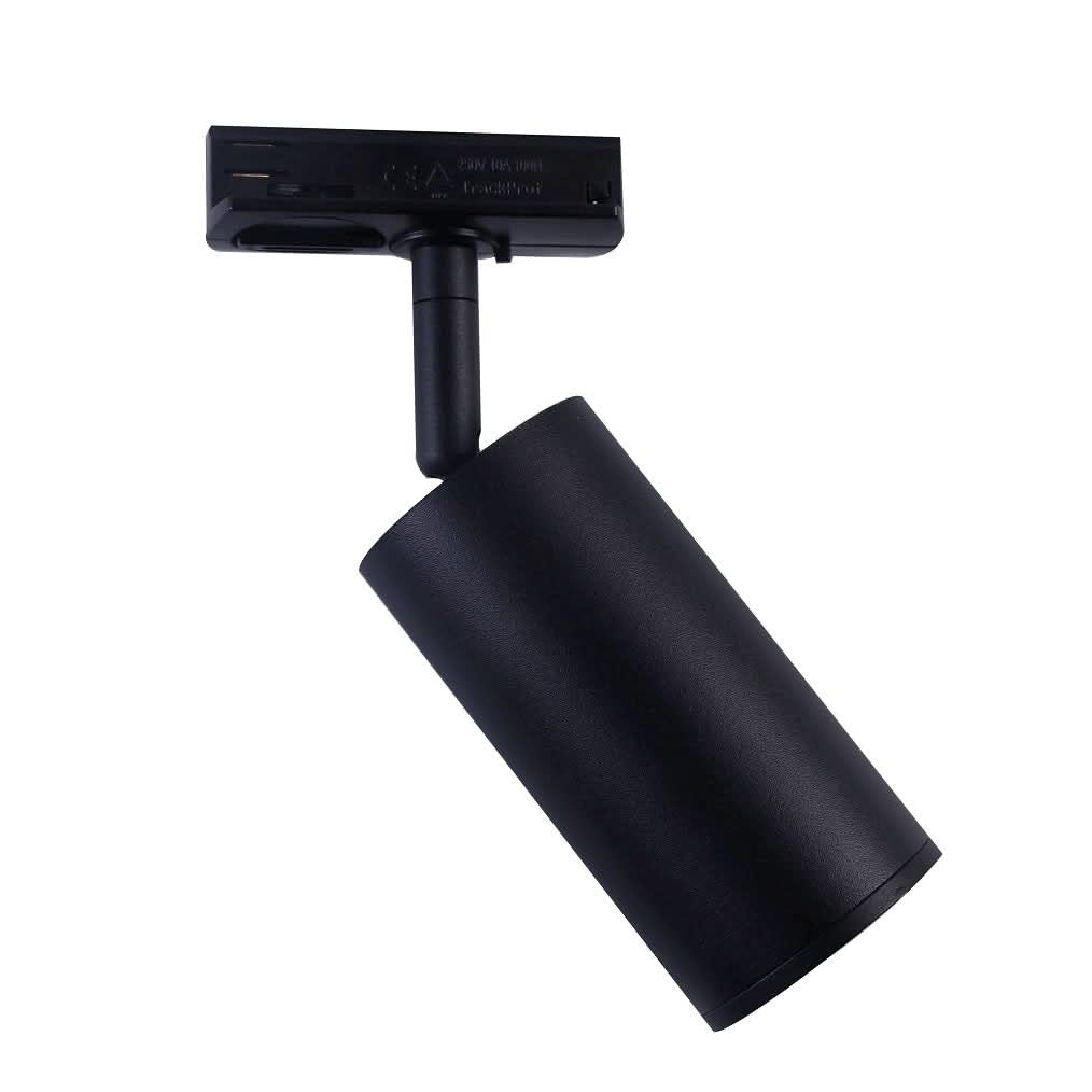 Black GU10 track spotlight with adjustable head for focused lighting.