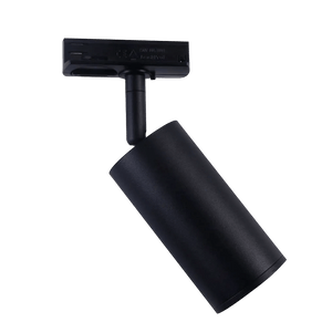 Black GU10 track spotlight with adjustable head attached to a T‑shaped mounting bracket