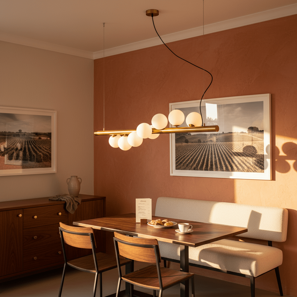 Spiral 7 Light Gold Pendant Light above a dining table with opal glass spheres and warm gold finish.