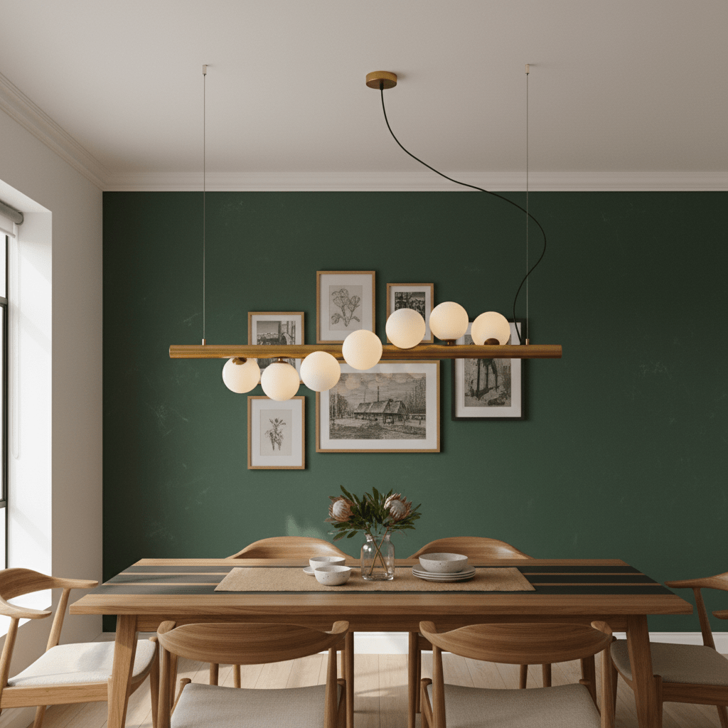 Stylish dining area featuring a Spiral 7 Light Gold Pendant Light above a wooden table with decorative elements.