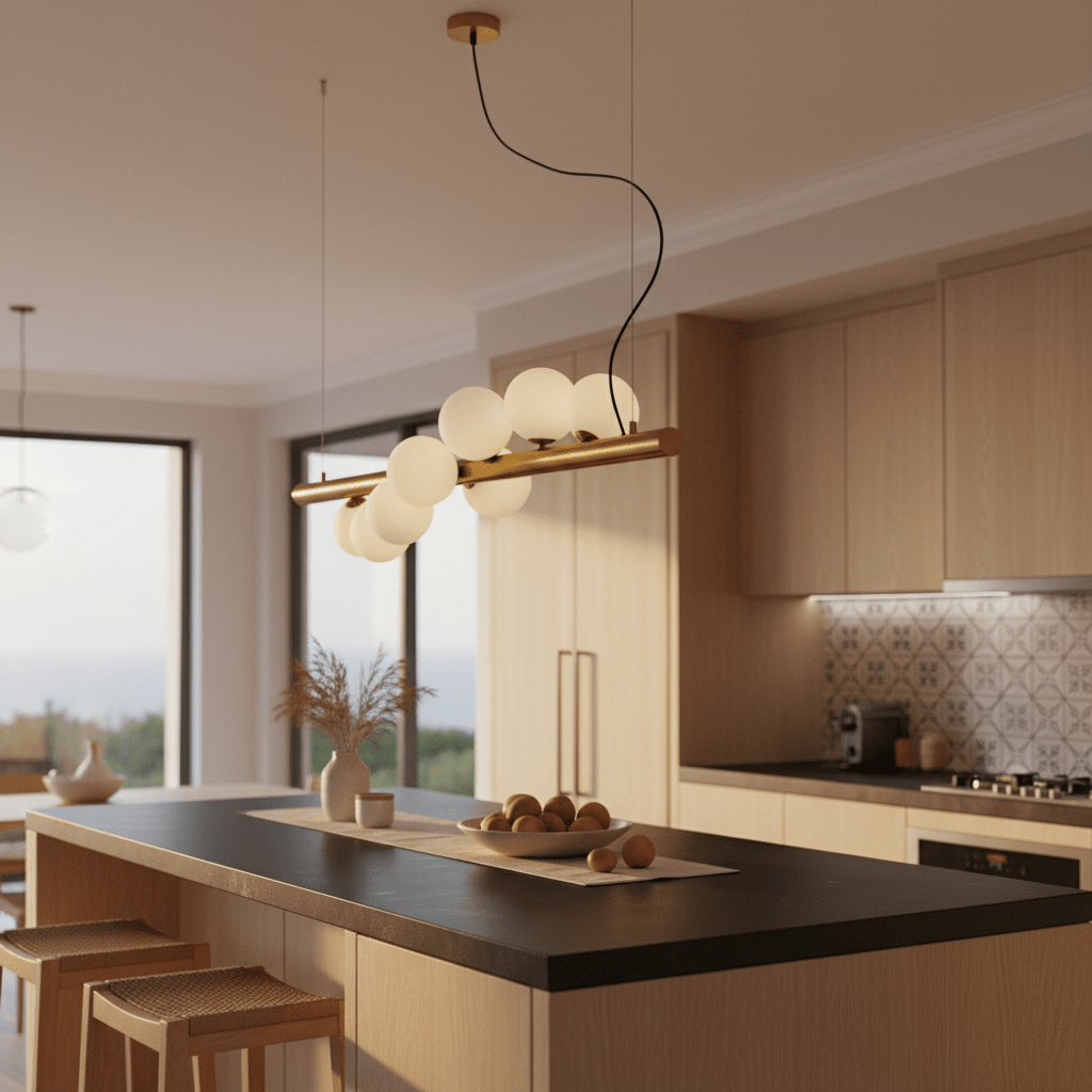 Spiral 7 Light Gold Pendant Light hanging above a kitchen island with opal glass spheres and warm gold finish.
