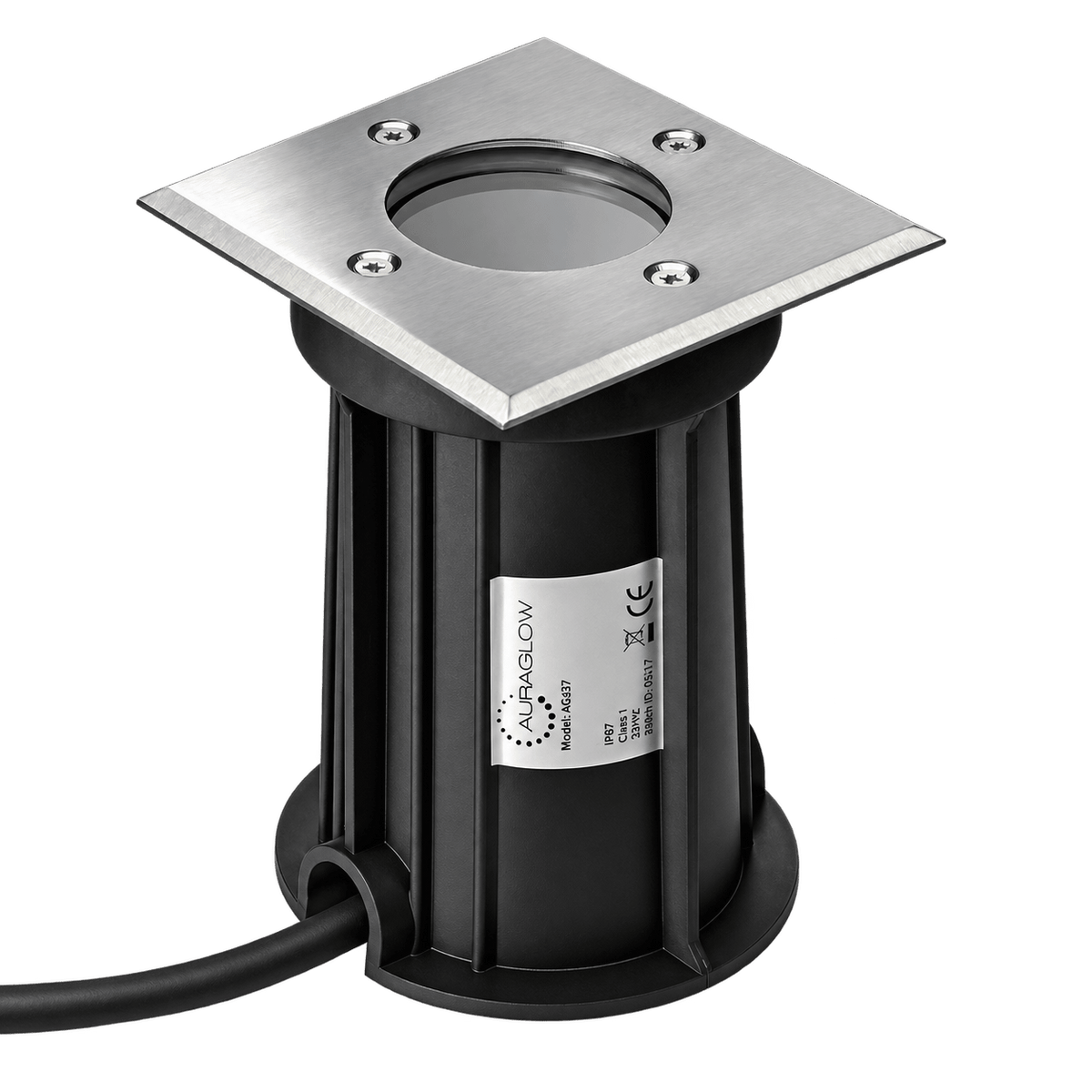 Square stainless steel recessed ground light with transparent background