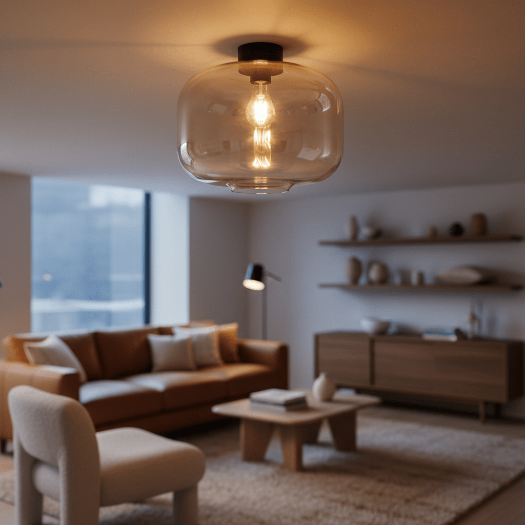 Amber glass ceiling light hangs above a cozy living room with a brown leather sofa, wooden shelves, and a light rug.