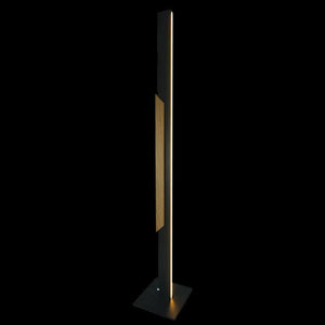 Modern floor lamp with a wooden accent on a black background
