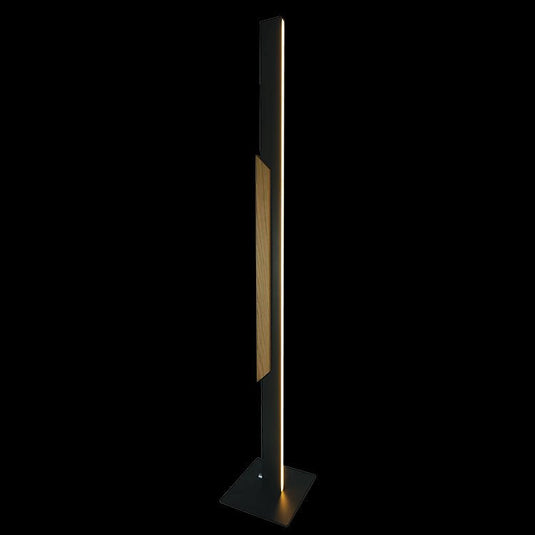 Modern floor lamp with a wooden accent on a black background