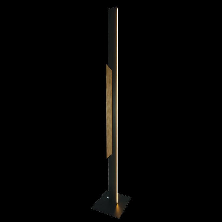 Modern floor lamp with a wooden accent on a black background