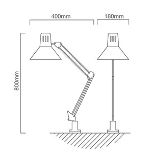 Illustration of a black adjustable desk clamp lamp with dimensions labeled, showcasing its design and functionality.