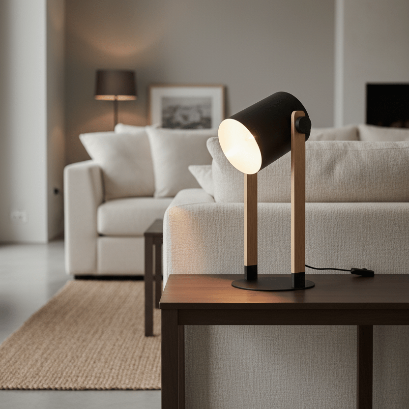 A black table lamp with wooden legs sits on a dark table, beside a light-colored sofa and a woven rug.