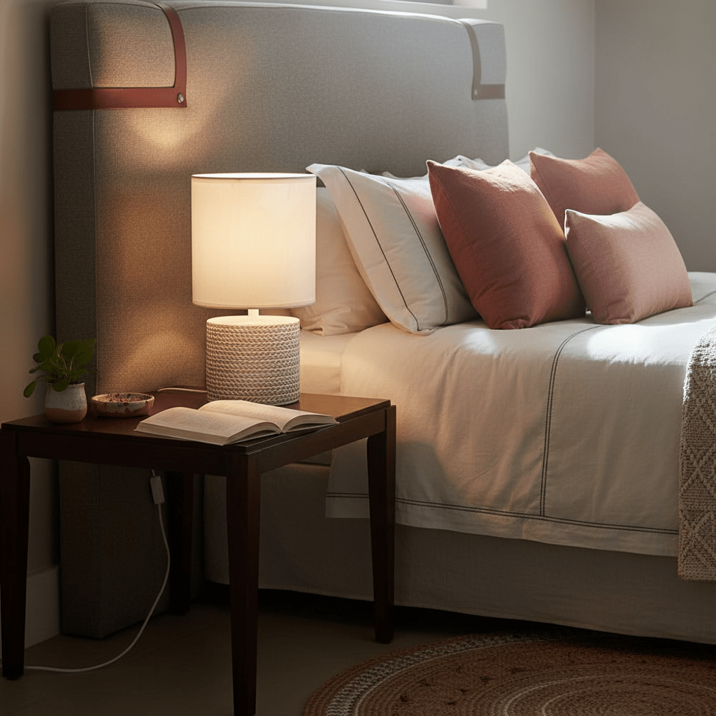 Valencia White Table Lamp on a bedside table beside a neatly made bed with decorative pillows and a book.