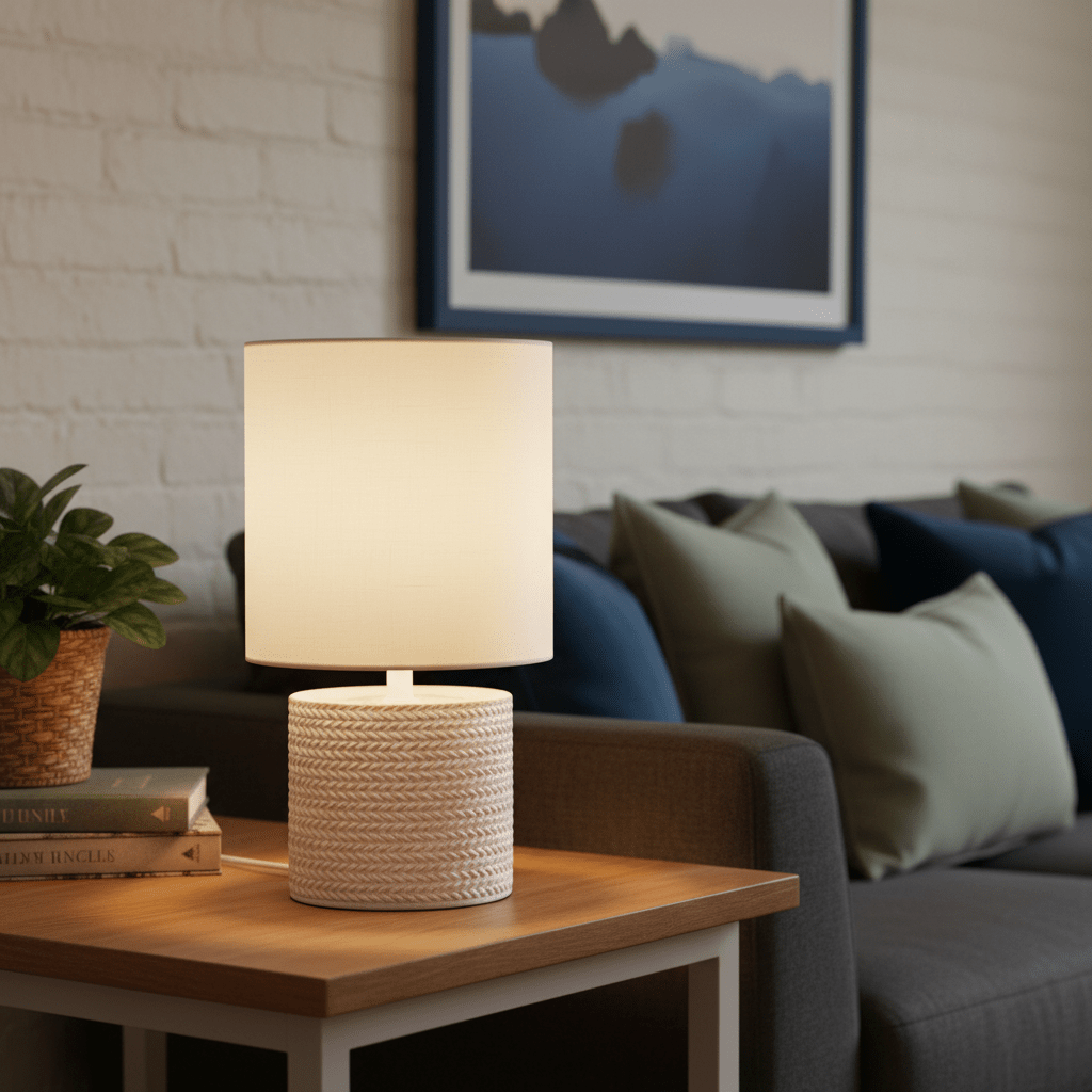 Valencia White Table Lamp on a wooden side table, illuminating a cozy living room with green cushions.