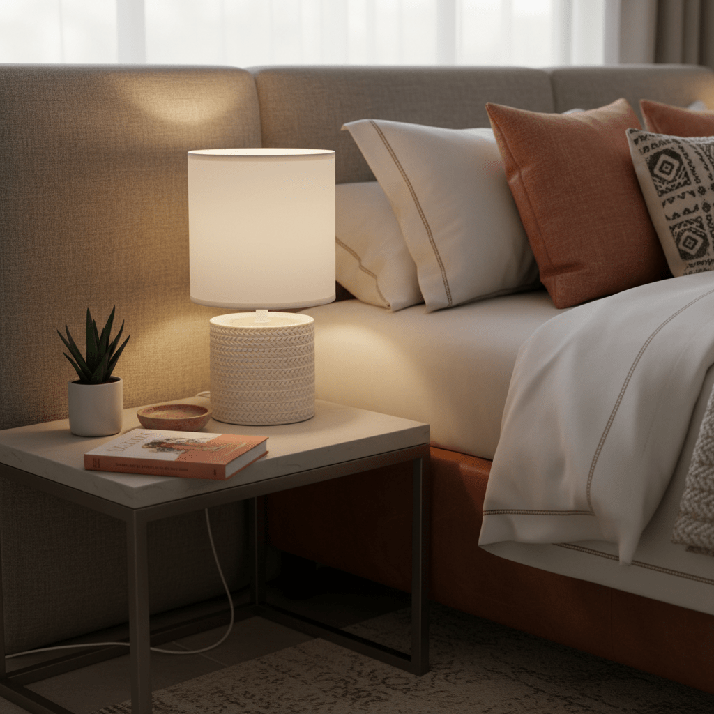 Valencia White Table Lamp on a bedside table, illuminating a cozy bedroom scene with pillows and a plant.