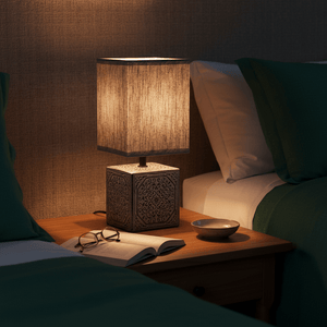 A modern black table lamp on a bedside table, illuminating an open book and glasses in a cozy bedroom setting.