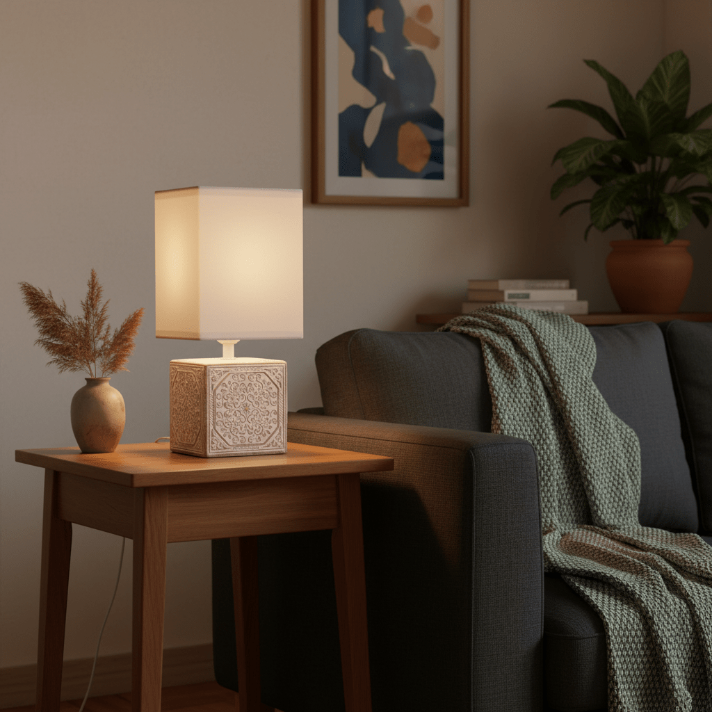 Modern table lamp with a ceramic base on a wooden side table, cozy living room setting.