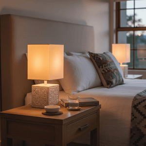 Lifestyle image of the Madeira White Table Lamp on a bedside table, providing warm light in a cozy bedroom setting.