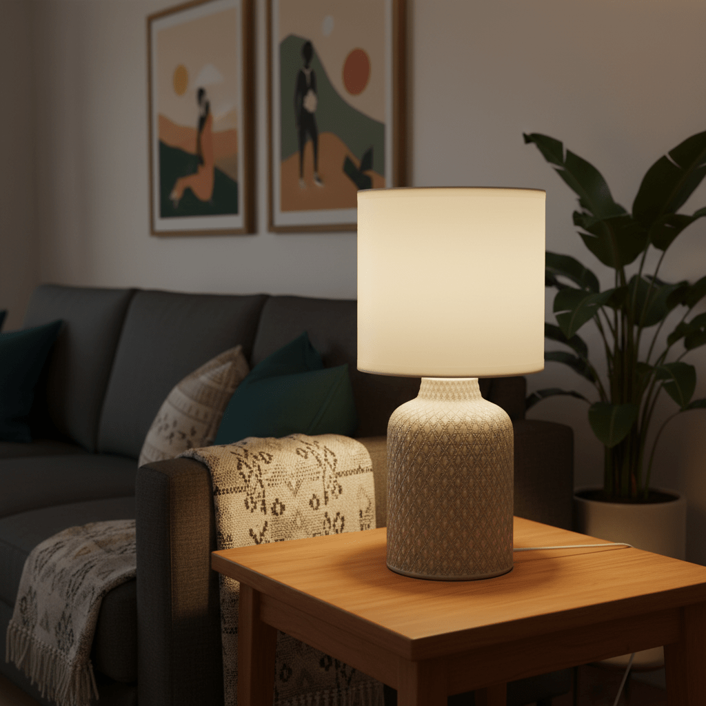 Contemporary ceramic table lamp with fabric shade on a wooden side table in a cozy living room setting.