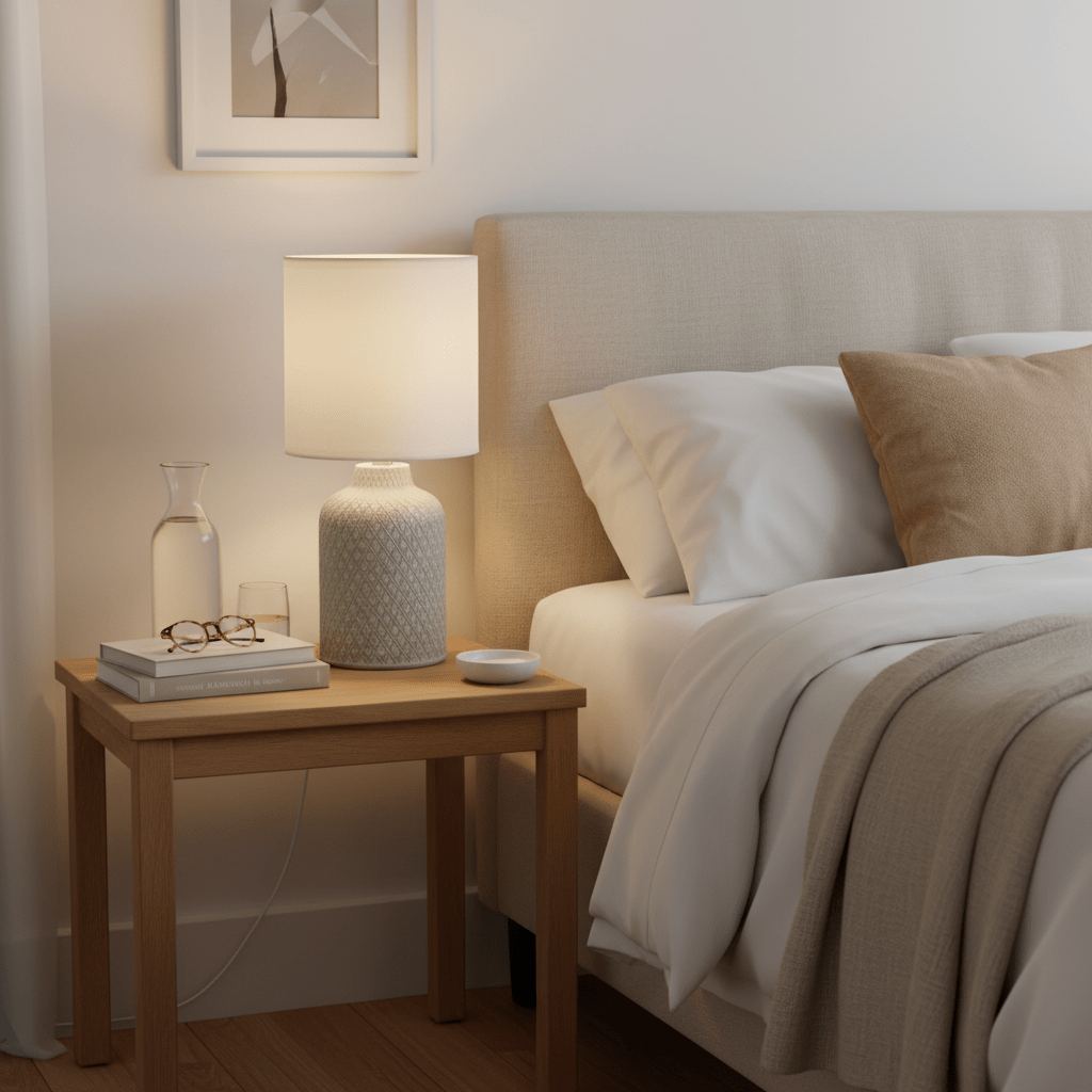 A stylish table lamp on a bedside table, surrounded by a water carafe, glasses, and books, creating a cozy atmosphere.