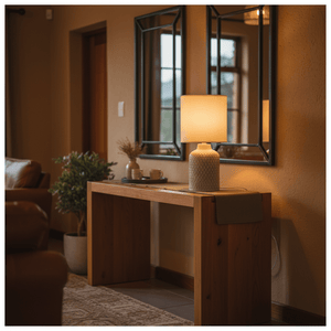 A stylish Castille Table Lamp on a wooden console table, with a soft glow illuminating the space.