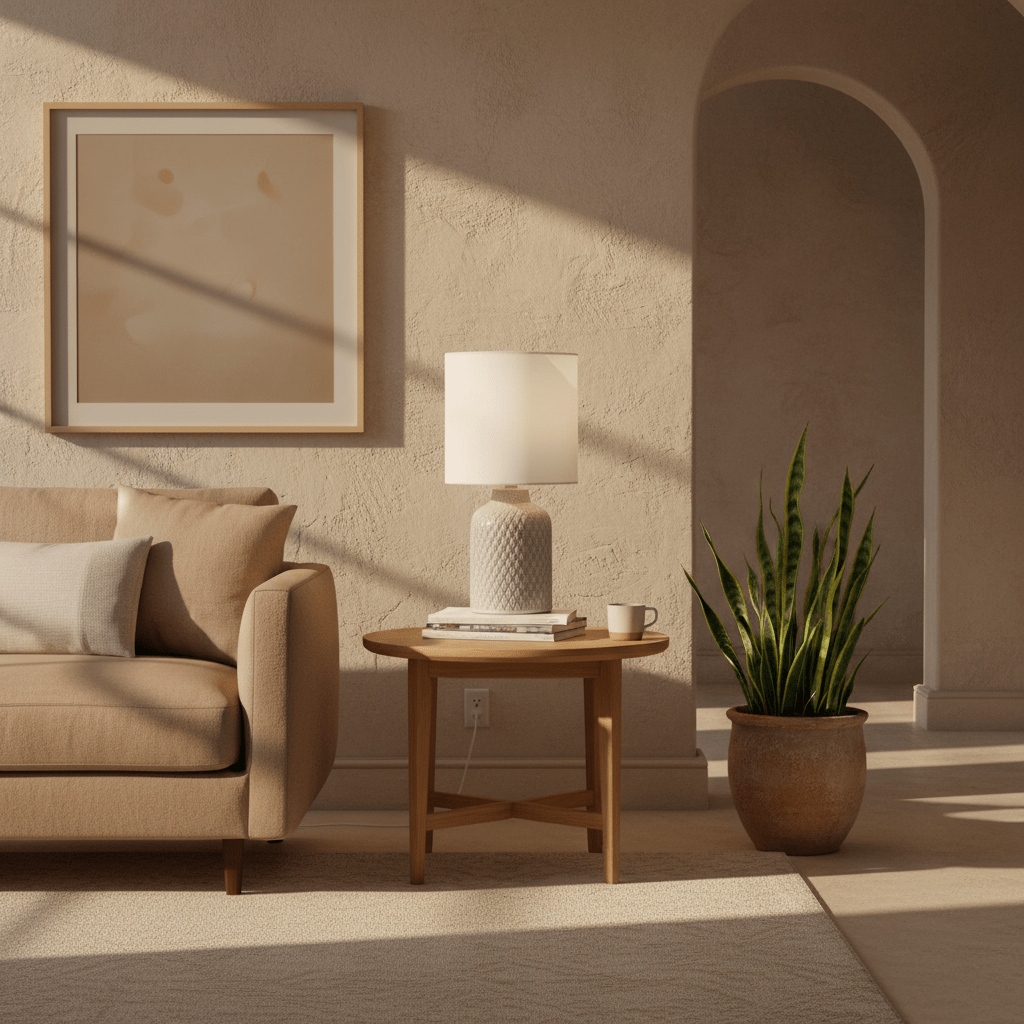 A stylish Castille Table Lamp on a wooden side table next to a beige sofa, with a plant and artwork in the background.
