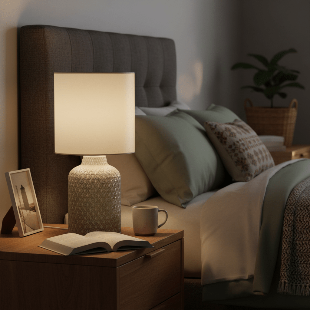 A stylish ceramic table lamp on a bedside table, illuminating an open book and a coffee mug in a cozy bedroom setting.
