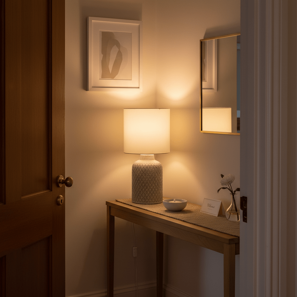 Castille Table Lamp on a console table, illuminating a cozy entryway with soft light.
