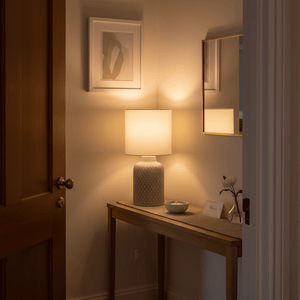 Castille Table Lamp on a console table, illuminating a cozy entryway with soft light.