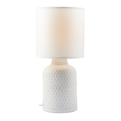 Castile White Table Lamp with a textured ceramic base and white fabric shade, showcasing a modern design.