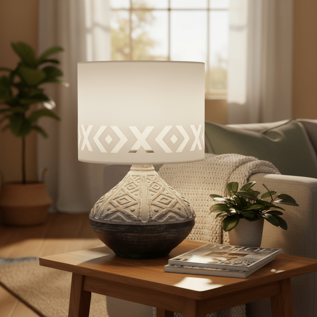 Bali Grey Table Lamp on a wooden side table, featuring a ceramic base and patterned shade, with a cozy living room backdrop.